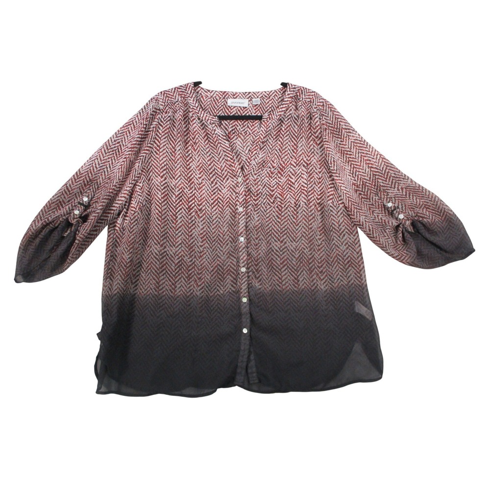 Avenue Women Red Black Chevron Ombre Button Up Blouse 3/4 Sleeve Plus Size 18/20